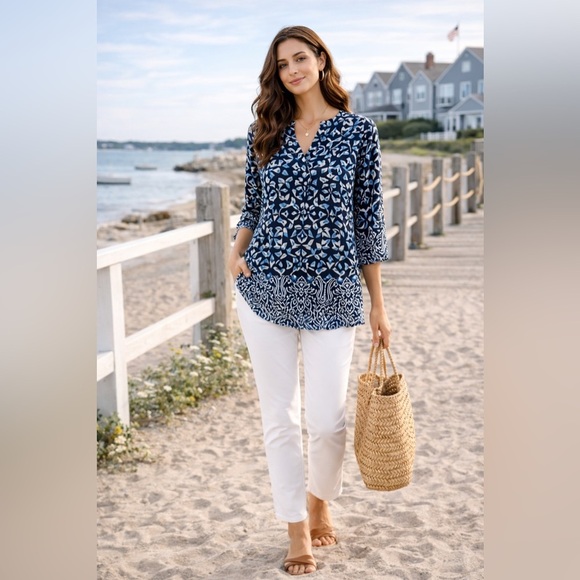 Susan Graver Tops - Susan Graver Blue Medallion Print Tunic Top  S Coastal Resort 3/4 Sleeve Blouse